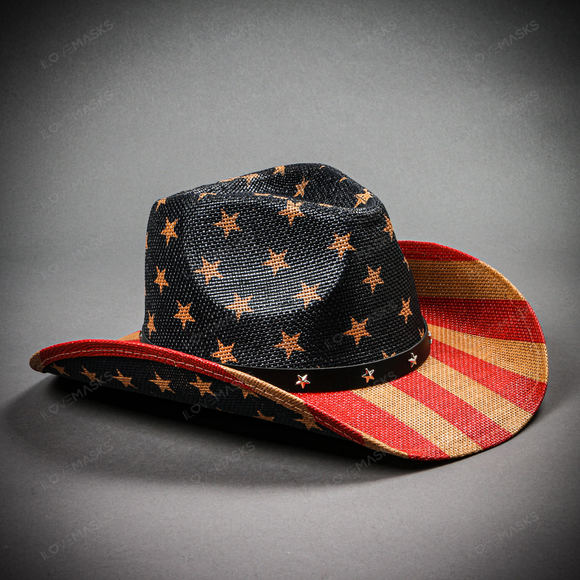 Cowboy USA Flag Curved Brim Party Hat - Blue Red - Picture 7 of 10